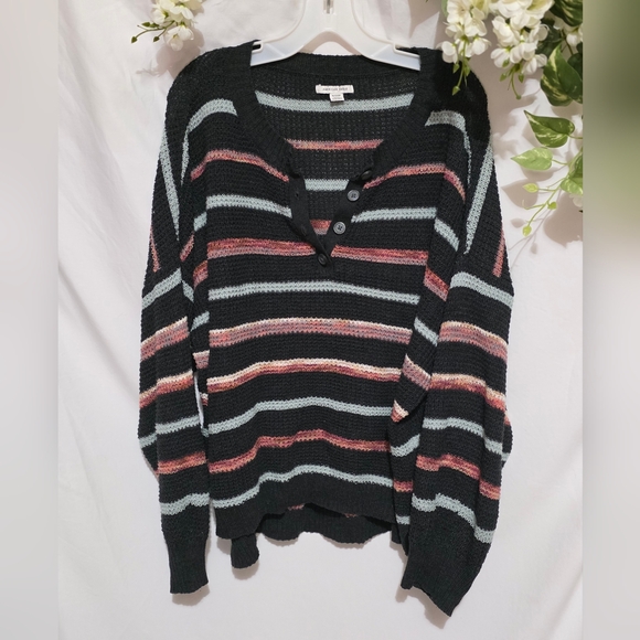 American Eagle Outfitters Black and Pink Striped Henley Sweater - Picture 1 of 4